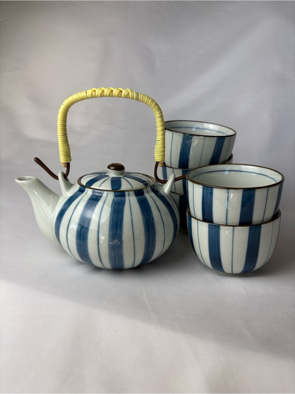 Arita Ware Seishu Kiln Tea Set 5 Cups Teapot Blue White Tokusa Stripe Japan